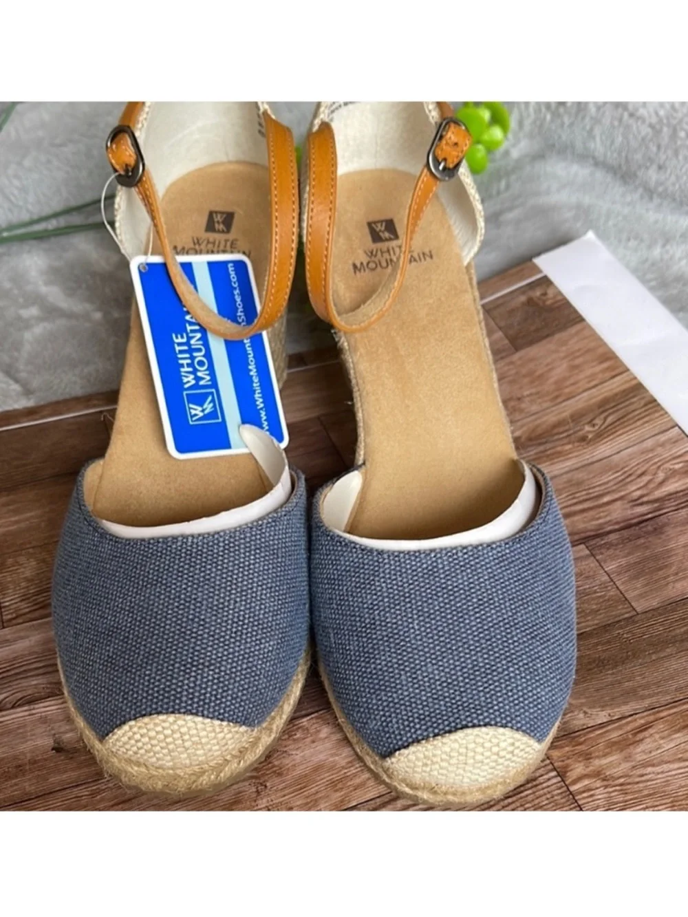 White Mountain Blue Canvas Espadrille Wedge Sandals with Tan Ankle Straps